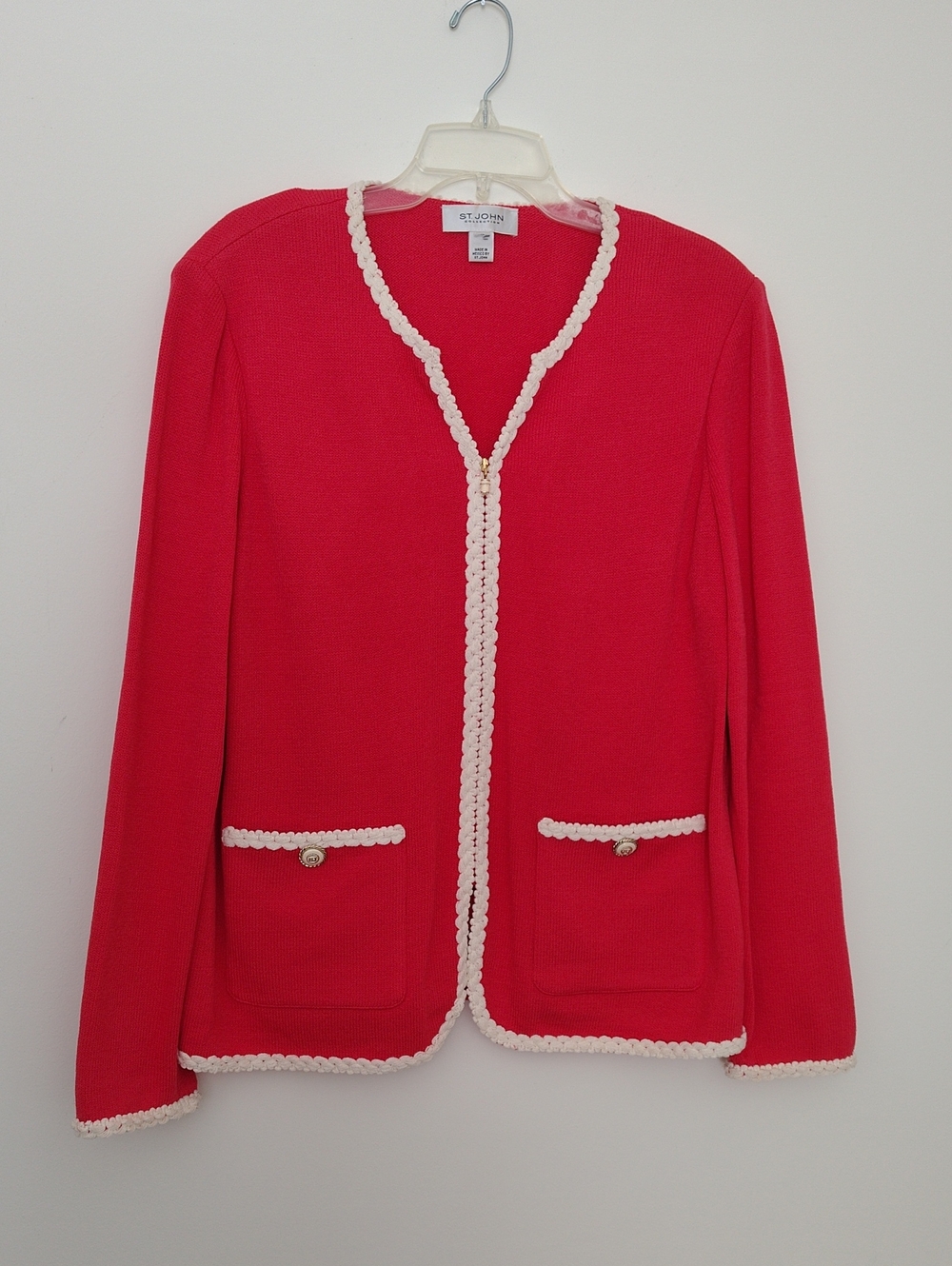 St. John Red Knit Jacket with Cream Trim
